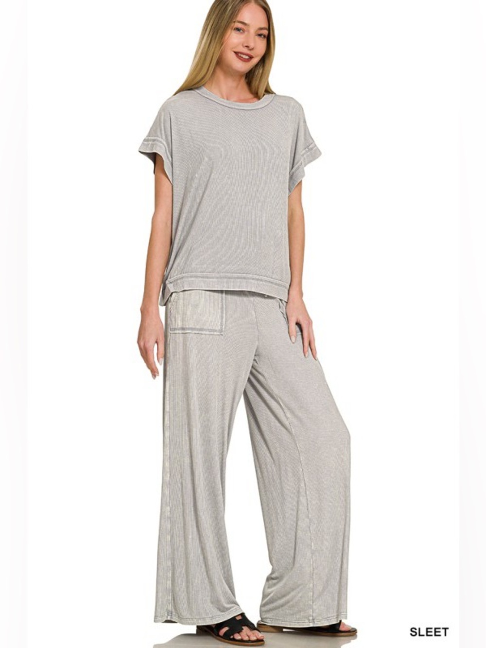 NWT Zenana Ribbed Acid Sleet Wash Rayon Top & Pants Set